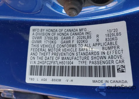 2020 Honda Civic Sport from USA, damaged, VIN 2HGFC2F87LH601904